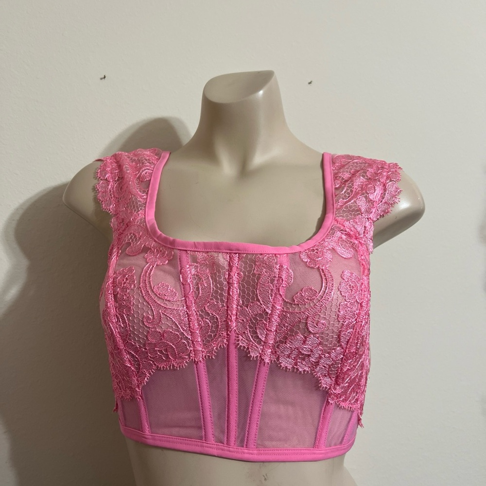 Victoria Secret Boho Floral Embroidery Cap-Sleeve Corset Bra Top Clueless Pink
